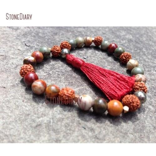 Mix Red Creek Jaspers Rudraksha Seed & Pyrite Beaded Bracelet Bohemian 27 Bead Quarter Mala Bracelet With Tassel BM11070