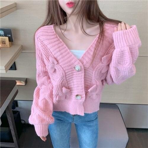 Chic Bow Designed Fashion Cropped Cardigan Single Breasted Fall Solid Short Sweater 2021 New V-neck Soft Knitted Coats