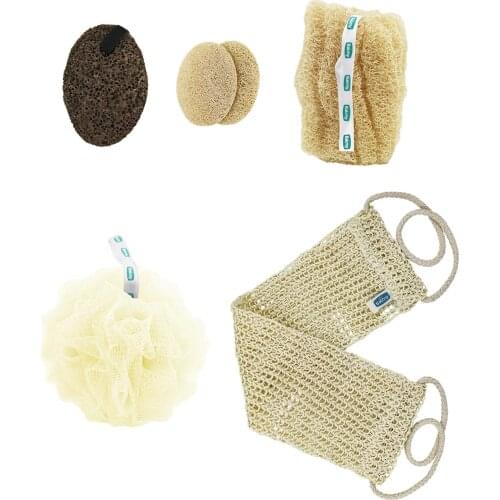 6 Pcs Natural Pouch Foam Shower and Bath Set - Back Fiber - Volcanic Heel Stone - Pumpkin Face Peeling Disc