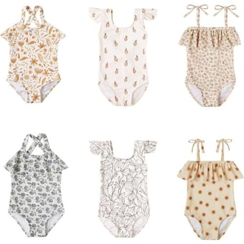 2021 New Summer Baby Girls Printed Swimwear Sun Protection Beach Bikini Kids Jumpsuits Vacation Children Swimsuits