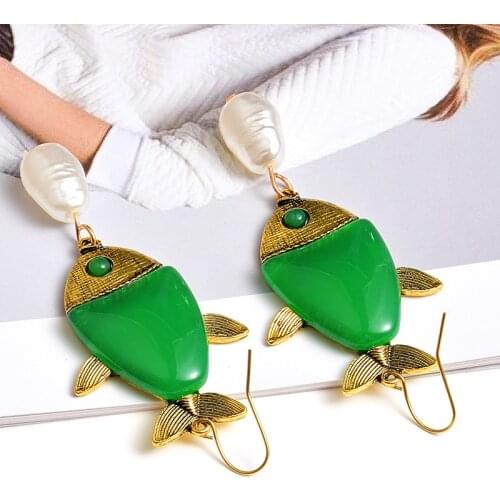 New Arrival Fashion Green resin fish Earrings High-Quality Long Drop Earring Wholesale Jewelry Accessories For Women