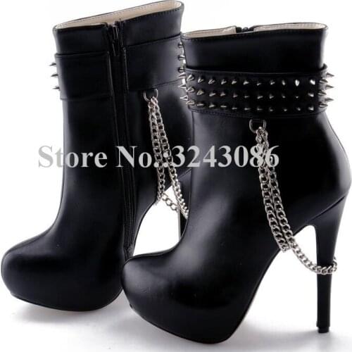 Sexy Black Leather Rivets Chains Thin Heel Lady Ankle Boots Fashion Best Design Female Short Boots Hot Sale Women Shoes