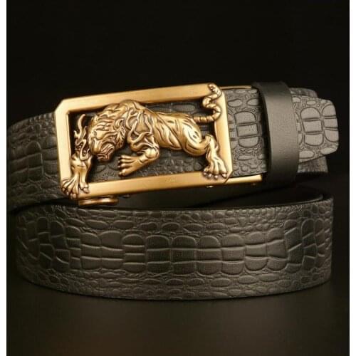 Men Automatic Buckle Top Layer Cowskin Genuine Leather Crocodile Grain Gold Tiger Belt Jeans Waistband BCD047