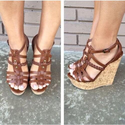 Fashion Woman Wedge Heels Platform Sandals Braided Brown Cross Straps Summer Peep Toe Gladiator Beach Vacation Sandal