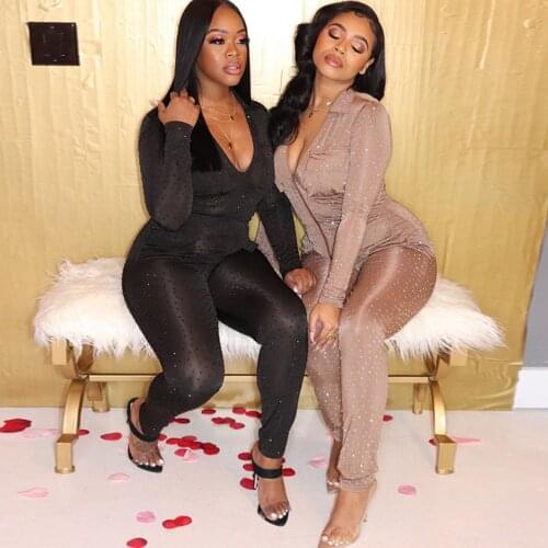 Sexy Rhinestone Glitter Bodycon Rompers Womens Jumpsuit Fall Clothes One Piece Club Outfits Pockets Streetwear Party Overalls