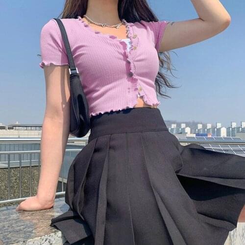 Women Summer Fashion T Shirt Solid Ruched Short Sleeve Casual Button Up Tee Tops Ladies Stretch Sweet Party Clubwear Crop tops