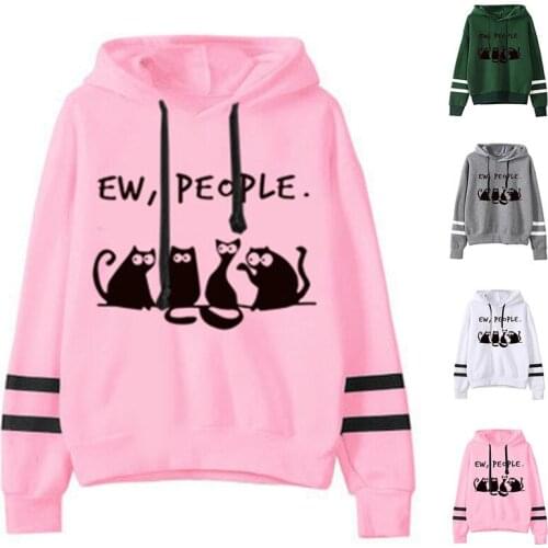 Women Hoodie EW PEOPLE Four Black Cat Printed Hoodies Women Double Striped Long Sleeve Fleece Sweatshirt with Hat Pullovers