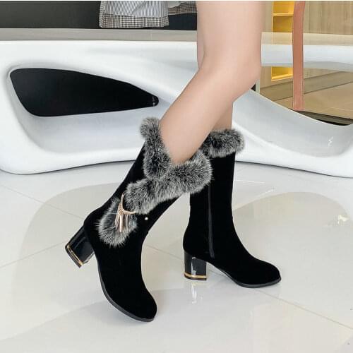 2021 Square High Heel Zipper Mid Calf Boots Spring Autumn Women Boots PU Leather Round Toe Ladies Shoes Size 34-46