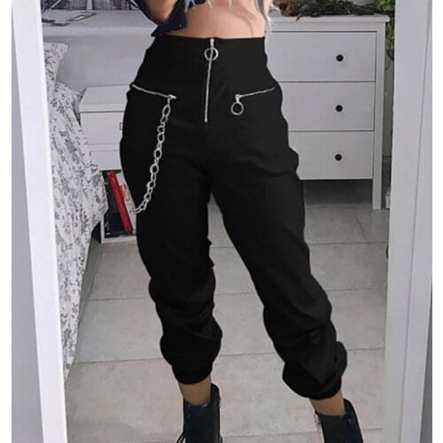 2021 Gothic High Street Casual High Waist Pant Joggers Punk Black With Chain Trousers Female Streetwear Zipper Harem Pant Women