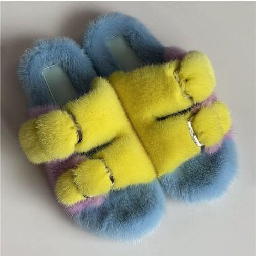 Designer Slides Mink Fur Slippers Mules Womens 2021 Womens Summer Slippers Flat Shoes Fluffy Slides Sandals Ladies Shoe