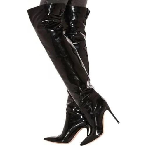 Shiny Matte Patent Leather Women Boots Crotch Boots Thigh High Sexy Long Boots Pointed Toe Thin Heel High Shoes