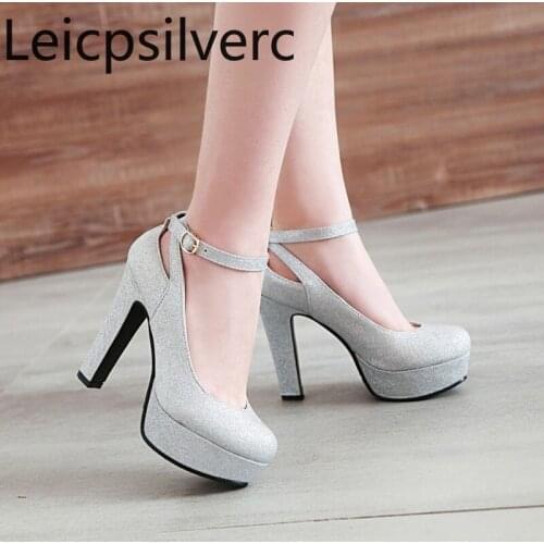 Pumps Spring and autumn new fashion Hollow Round head Shallow mouth Buckle Thick heel High heel Womens shoes plus size 32-43
