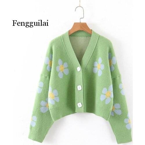 Flower Knit Cardigans Sweater Women V Neck Loose elegaht Thicked Pull Femme Print Short Casual Coat
