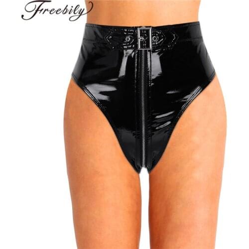 Womens High Cut Lingerie Wetloock Front Zippered PVC With Belt Waist Lingerie Night Pole Dance Exotic Sexy Underwear Panties