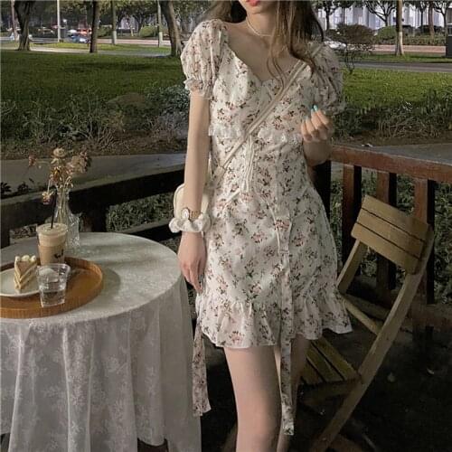Vintage Slim Girl Floral Summer Short Sleeve Dress Womens Puffy Sleeve Chiffon One Piece