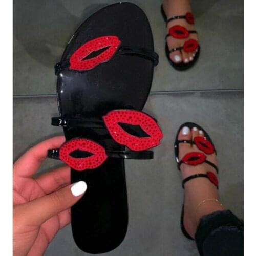 2020 Sexy Red Crystal Lips Gladiator Sandals Woman Sandales Femme Summer Fashion Three-Band Flat Slides Sandal Women Slippers