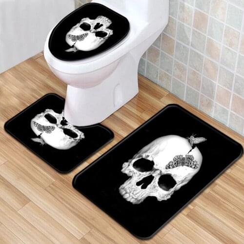 3pcs/set Vintage Print Anti-slip Bathroom Floor Mat Set Home Decor Shower Velvet Toilet Cover Rug Bath Door Carpet Black Skull