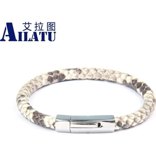 Ailatu New Luxury 6mm Genuine Python Snake Skin Leather Buckle Bracelets Stainless Steel Jewelry