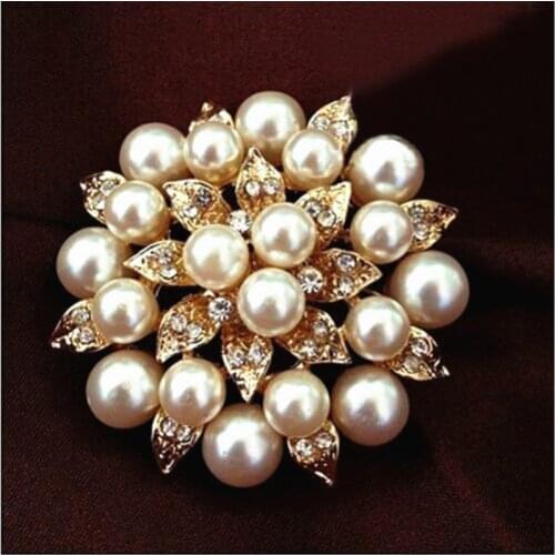 DHL Free Shipping 60PCS/LOT Wholesale Gold 2 Inch Big Faux Pearl Rhinestone Crystal Vintage Flower Brooch Pin Brooches