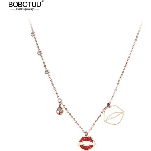 BOBOTUU OL Style Red Rhinestone Lips Charms Necklaces For Women Rose Gold Stainless Steel CZ Crystal Pendant Jewelry BN19033