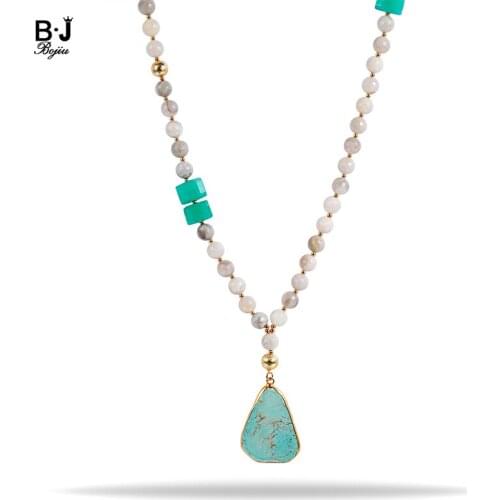 BOJIU Women Jewelry Bohemia Pendant Necklace Natural Stone Bead Blue Turq. Stone Oval Pendant Personality Jewelry NKS169