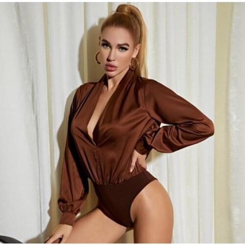 Cultiseed European Women Sexy Deep V Neck Strapless Solid Satin Long Sleeve Bodysuits Jumpsuits Female Elegant Party Rompers