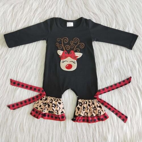 High Quality Children Christmas Romper Baby Girls Cute Deer Printed Jumpsuit Toddler Fall Winter Long Sleeve Clothes With Bows