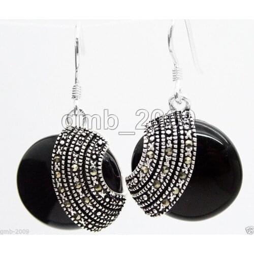 Long ladys handmade 925 Sterling 18*18mm nature black Natural Stone Beads ONYX LONG Drop Natural Stone EARRINGS