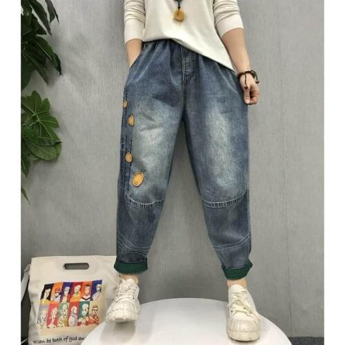 Large Size Fashion Women Patchwork Chic Vintage Jeans Elastic Waist Retro Punk Denim Pants Streetwear Harem Ankle Length Trouser