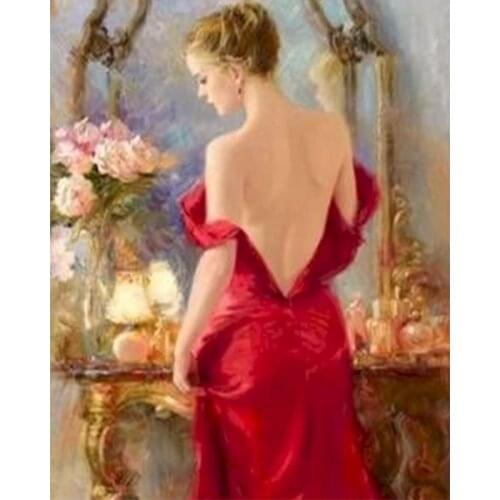 Gatyztory Frame DIY Painting By Numbers Handpainted Red Dress Woman Oil Painting Canvas Colouring Wall Decor