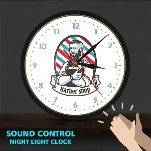 Classic Barber Shop Hairdressing Salon Metal Frame LED Wall Clock Hairstyle Pole Home Bar Wall Decor Sound Activated Wall Watch