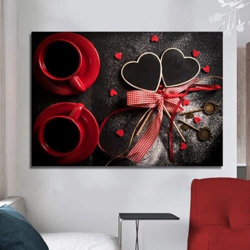 Red Coffee Cup Heart Shape Gifts Vintage Canvas Painting Wall Pictures for Kitchen Coffee Shop Wall Decor Painting Canvas Prints