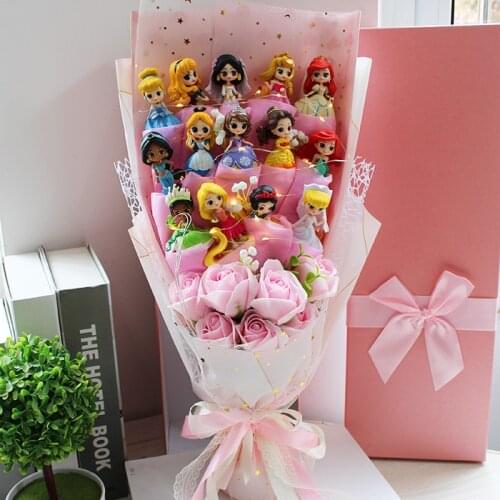 Disney Princess Flower Bouquet Snow Queen Princess Pvc Model Doll With Artificial Flowers Toys For Kid Graduation Valentine Gift