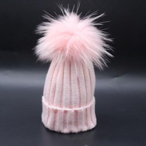 New super cute pom pom fur hat for kids multi color pink red grey black white knitted genuine raccoon fur pom pom banied child