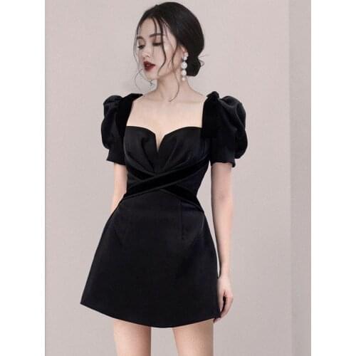 Puff Sleeve Black Summer Mini Dress Women Square Collar High Waist Party Dress Office Lady Luxury A-Line Designer Elegant C065