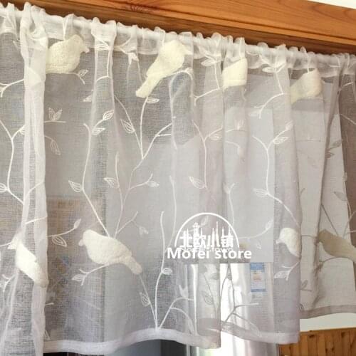 Half Curtain Fashion Style Stereo Bird Leaves Embroidery Valance Coffee Short Curtain for Window Kitchen Cabinet Door