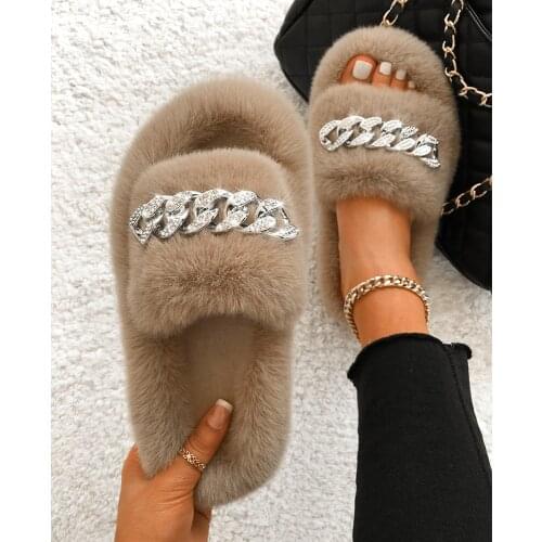 Fluffy Flip Flops Furry Fur Slides Diamond Chain Plush House Slippers Women Fashion Open Toe Faux Fur Slippers Indoor Warm Shoes