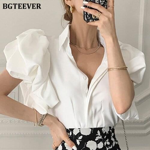 BGTEEVER Elegant Chic Puff Sleeve Women Solid Blouses 2021 Summer Turn-down Collar Ladies Single-breasted Loose Shirts Tops