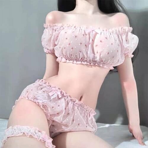 Sexy Pajamas Lingerie Women Polka Dot Ultra-thin Gauze Ruffles Off Shoulder Sleeve Tops Shorts Leg Ring Underwear Set Uniform