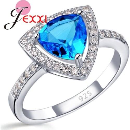 High Quality Big Clear Blue Triangle Crystals 925 Sterling Silver Ring for Women Wedding Party Hottest Brand Anel Jewelry
