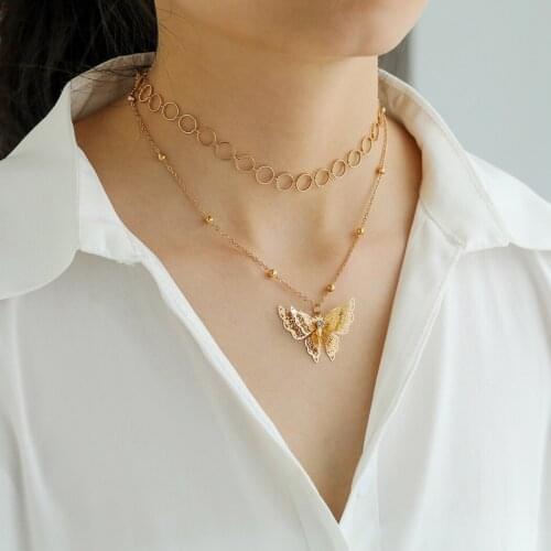 Women Girls Layered Necklace Set Crystal Butterfly Pendant Necklace Clavicle Necklace Bohemia Style Jewelry Accessories