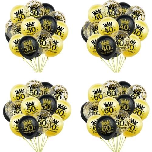 15Pcs Black Gold Number Confetti Balloons Happy 30th/40th/50th/60th Birthday Decoration Balloons Adults Birthday Party Supplies