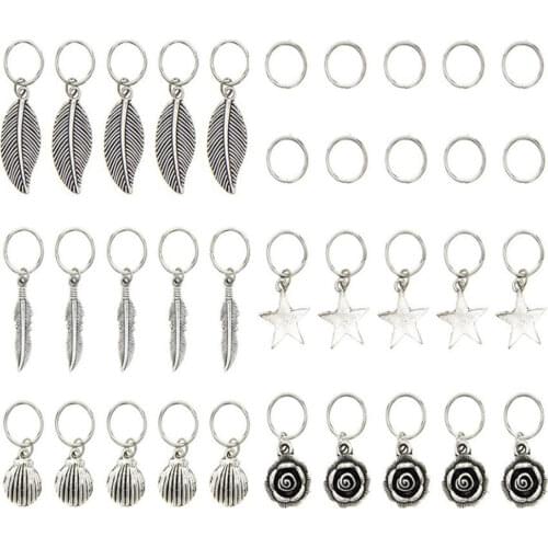 35PCS Silver Metal Hair Rings Braid Dreadlocks Bead Hair Cuffs Dread Tube Star Leaf Dreadlock Hair Accessories Extension Tools