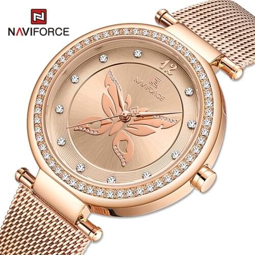 NAVIFORCE Luxury Brand Womens Watches Creative Charming Rose Gold Ladies Quartz Wrist Watch Mesh Steel Band Waterproof Bracelet