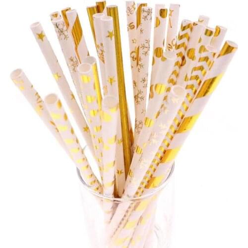 Hot Foil Gold Bulk Metallic Foil Striped Wave Heart Paper Straws Birthday Party Supplies Wedding Bridal Baby Shower Celebrations