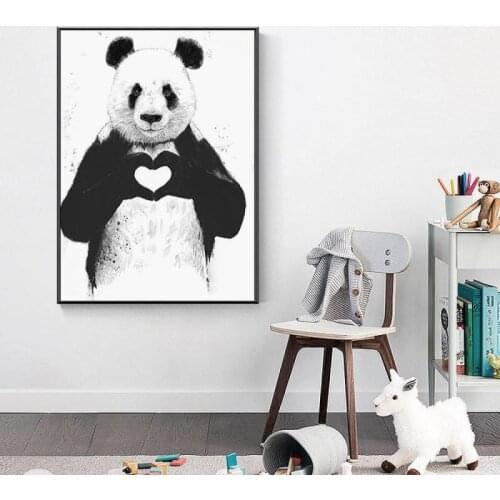 Canvas Painting Black and White Animal Poster and Print Panda Show Love Heart Modern Home Room Wall Decor Picture