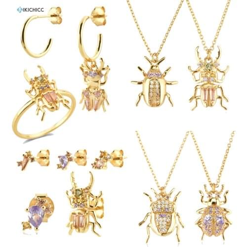 KIKICHICC 925 Sterling Silver Gold CZ Beetle Animal Zircon Piercing Earring Drop Courage Rings Long Chain Necklace Jewelry Set
