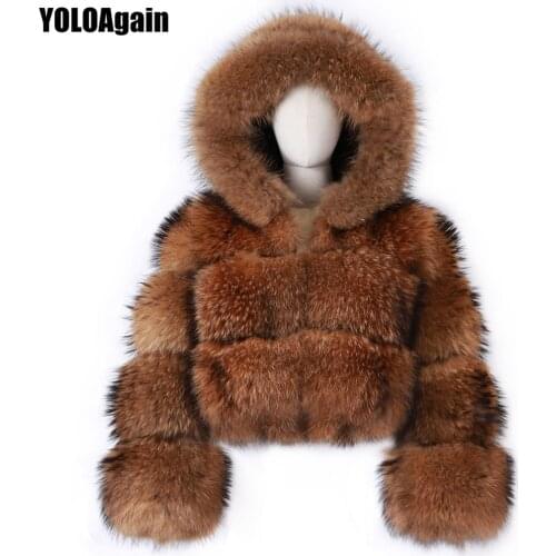 YOLOAgain Winter Warm Women Hood Natural Raccoon Fur Jacket Short Real Fox Fur