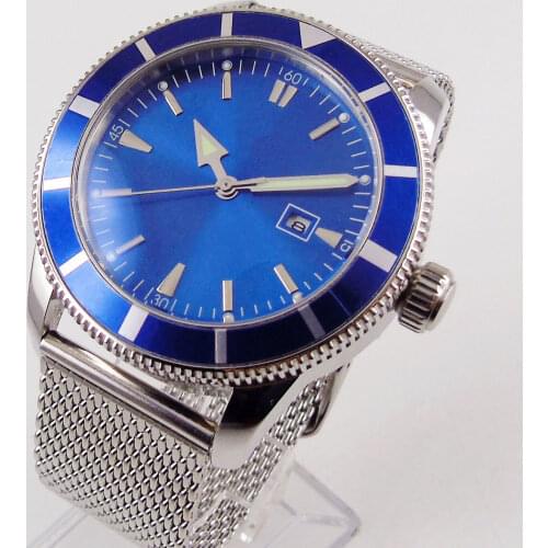 46mm Blue dial Luminous Rotating bezel automatic mechanical mens Watch