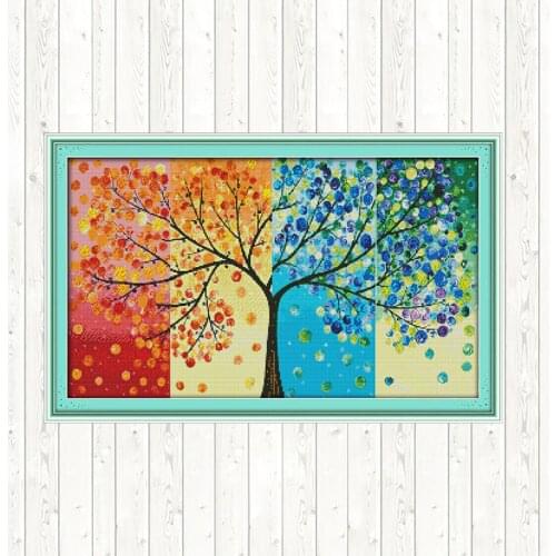 Stamped Cross Stitch Kits Set for Embroidery DMC 14ct Four Seasons Money Tree Printed on Canvas Patterns 11ct Counted Fabric DIY